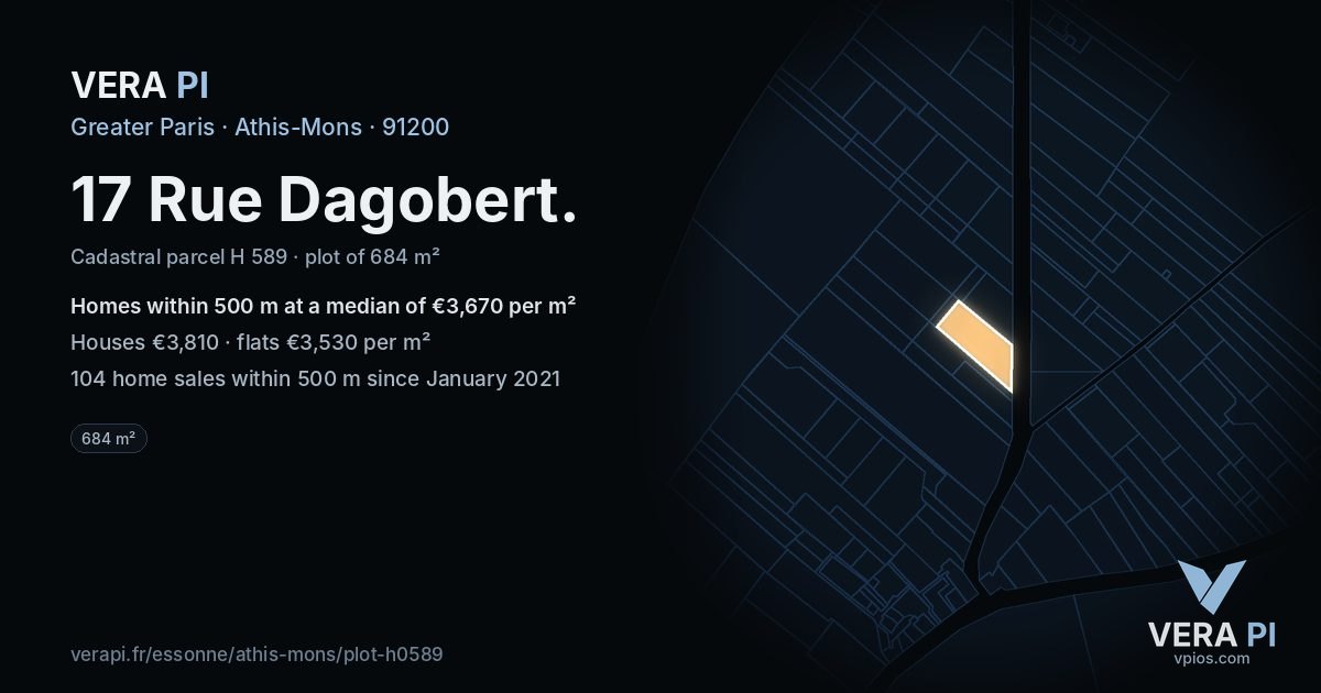 17 Rue Dagobert, Athis-Mons at night – the plot lit, the parcels around coloured by the prices near them