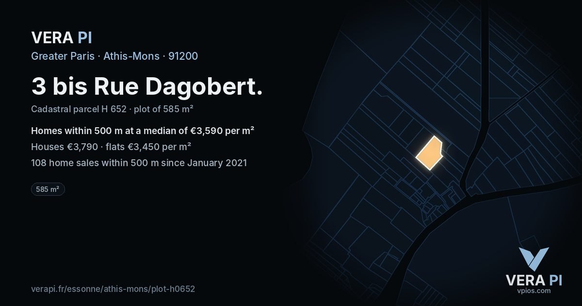 3 bis Rue Dagobert, Athis-Mons at night – the plot lit, the parcels around coloured by the prices near them