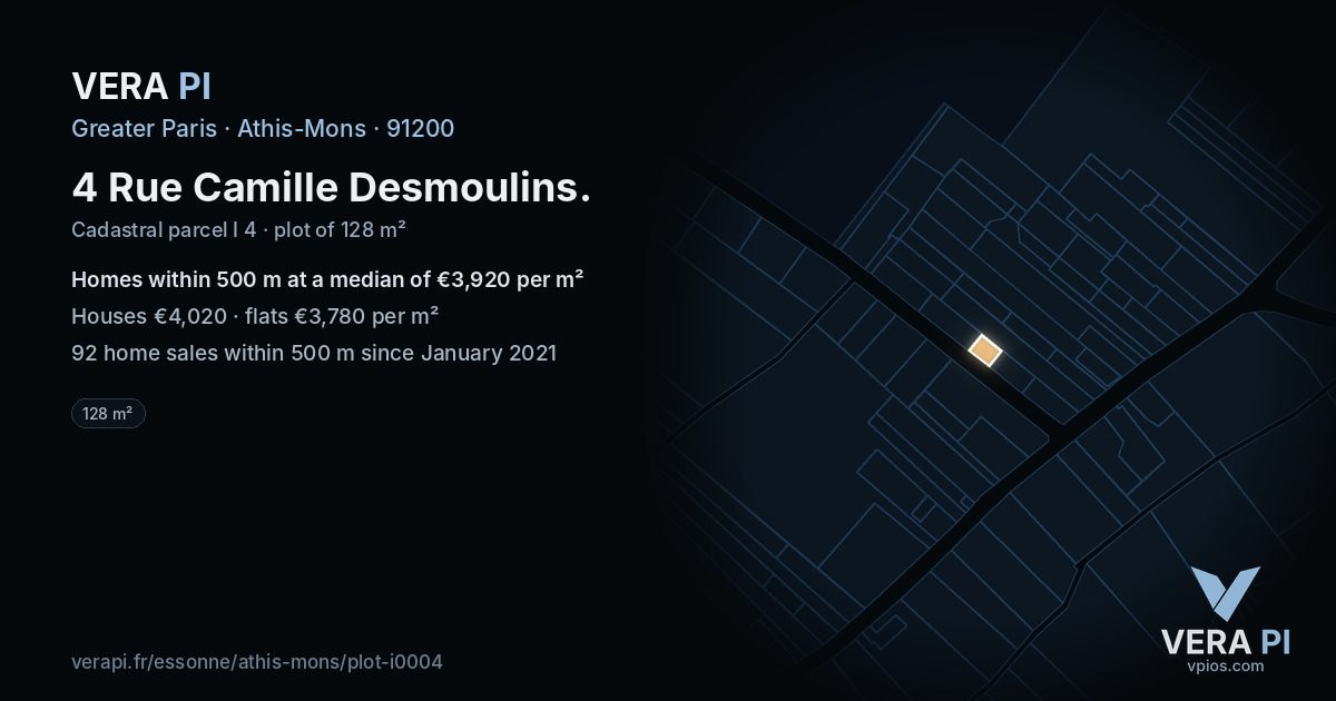 4 Rue Camille Desmoulins, Athis-Mons at night – the plot lit, the parcels around coloured by the prices near them