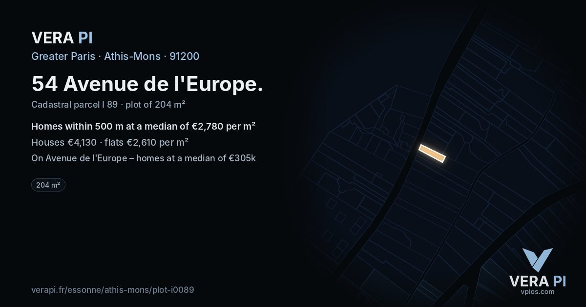 54 Avenue de l'Europe, Athis-Mons at night – the plot lit, the parcels around coloured by the prices near them
