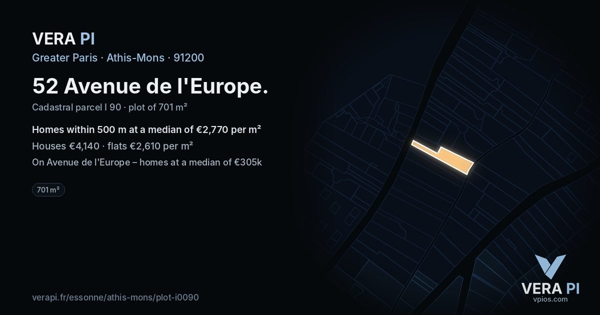 52 Avenue de l'Europe, Athis-Mons at night – the plot lit, the parcels around coloured by the prices near them