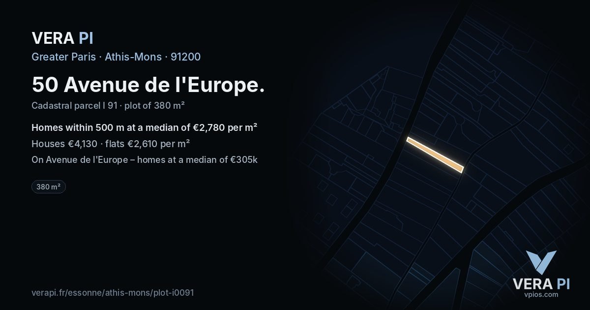 50 Avenue de l'Europe, Athis-Mons at night – the plot lit, the parcels around coloured by the prices near them