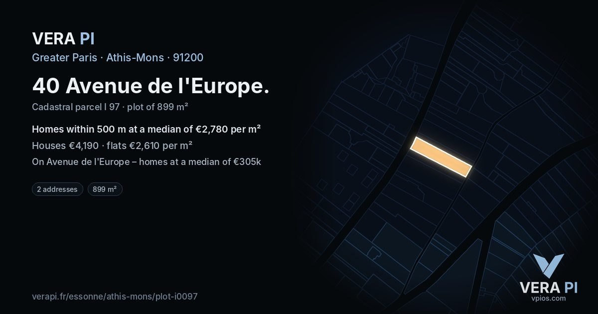 40 Avenue de l'Europe, Athis-Mons at night – the plot lit, the parcels around coloured by the prices near them