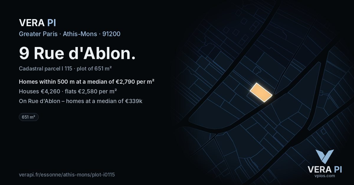 9 Rue d'Ablon, Athis-Mons at night – the plot lit, the parcels around coloured by the prices near them