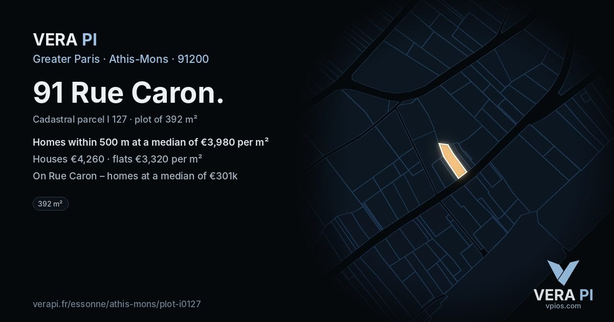 91 Rue Caron, Athis-Mons at night – the plot lit, the parcels around coloured by the prices near them