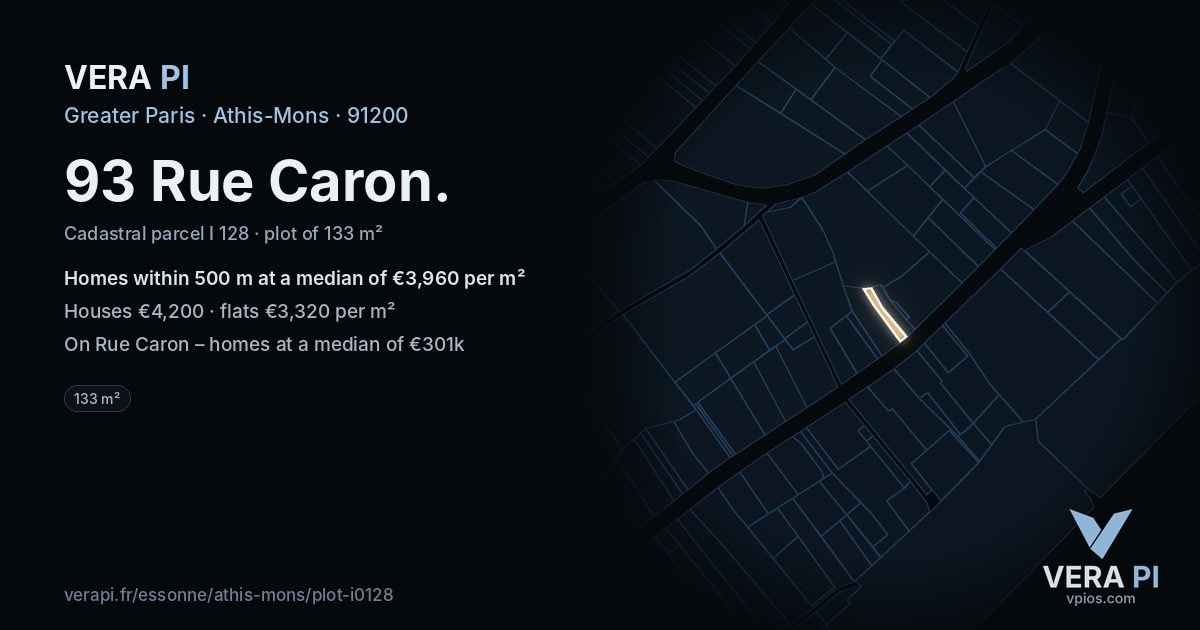 93 Rue Caron, Athis-Mons at night – the plot lit, the parcels around coloured by the prices near them