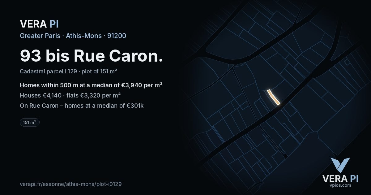 93 bis Rue Caron, Athis-Mons at night – the plot lit, the parcels around coloured by the prices near them