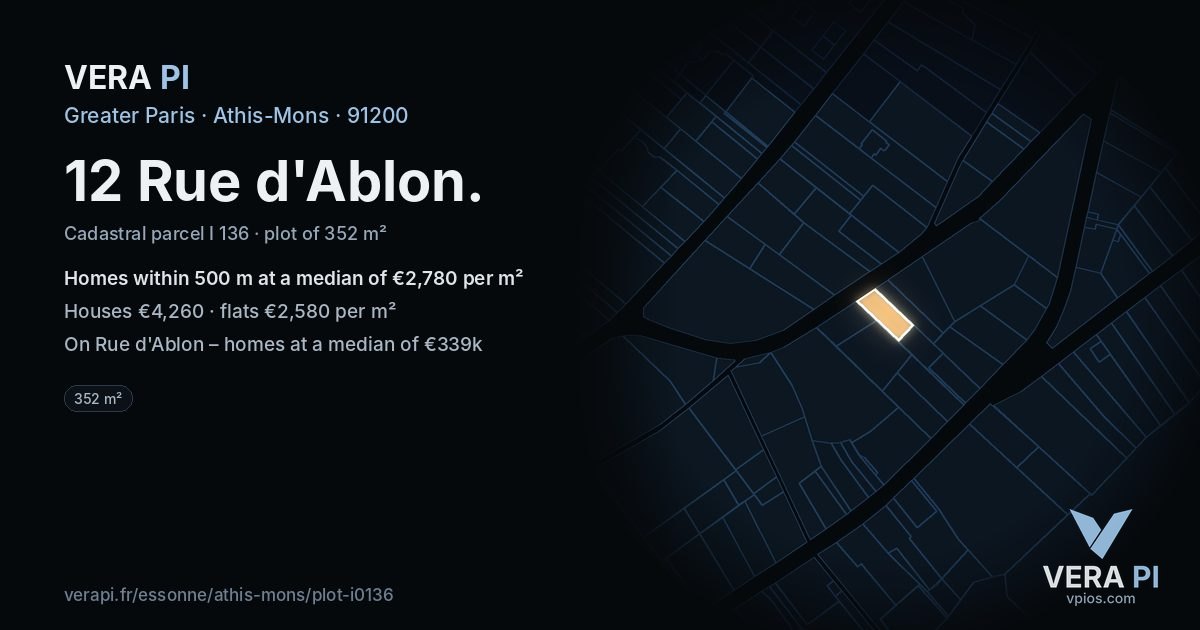 12 Rue d'Ablon, Athis-Mons at night – the plot lit, the parcels around coloured by the prices near them