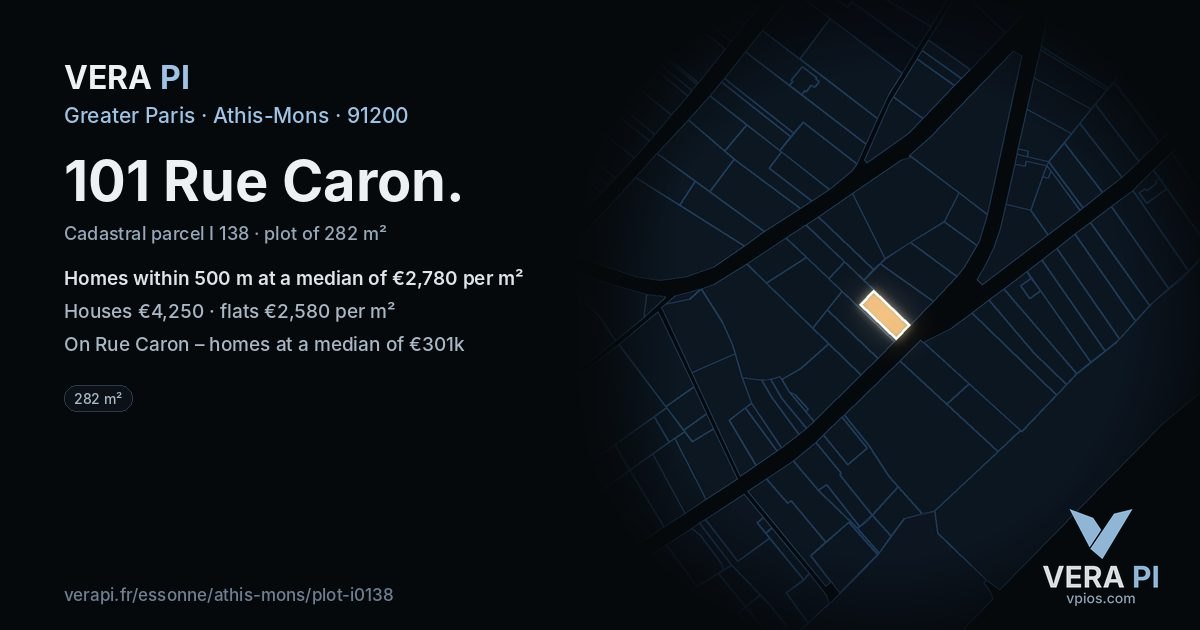 101 Rue Caron, Athis-Mons at night – the plot lit, the parcels around coloured by the prices near them