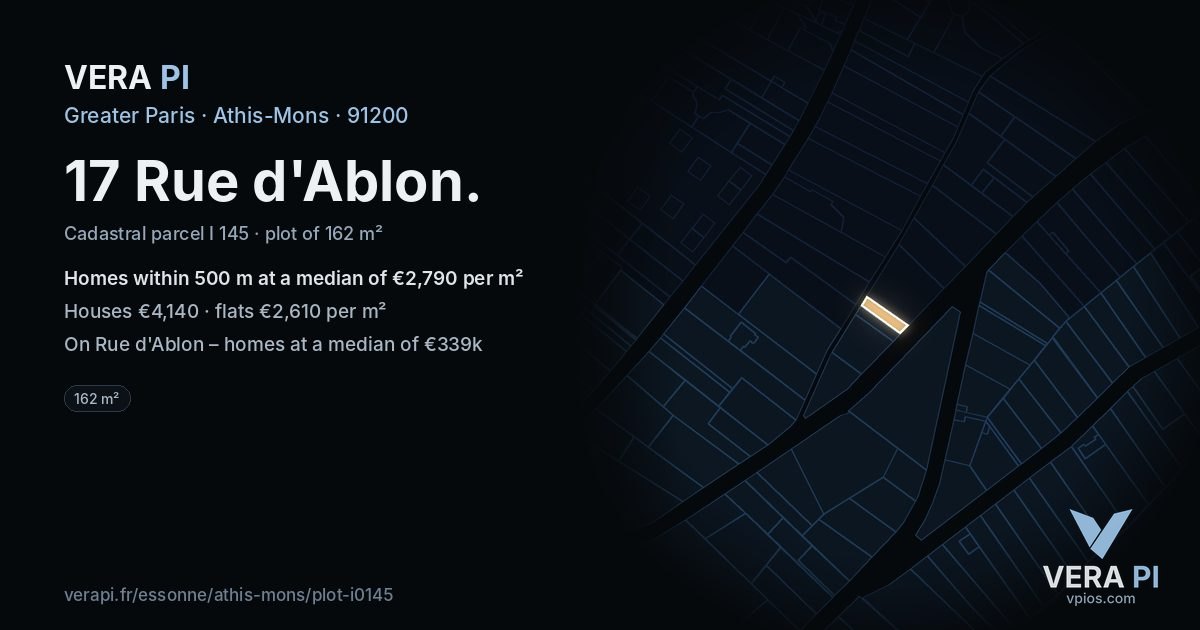 17 Rue d'Ablon, Athis-Mons at night – the plot lit, the parcels around coloured by the prices near them