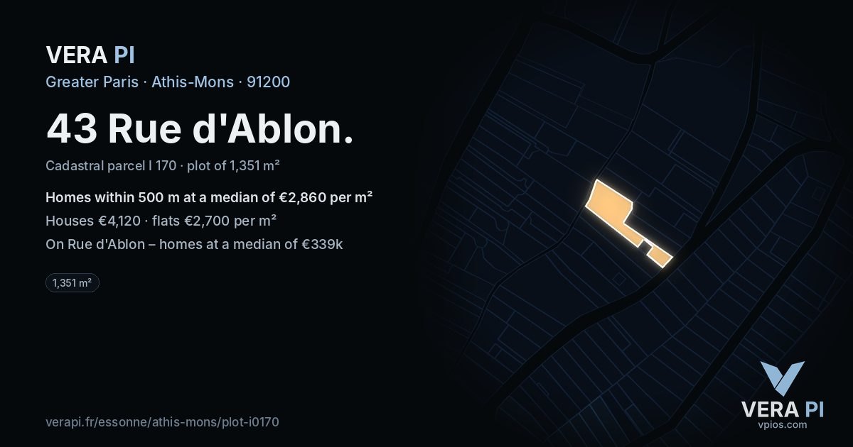 43 Rue d'Ablon, Athis-Mons at night – the plot lit, the parcels around coloured by the prices near them