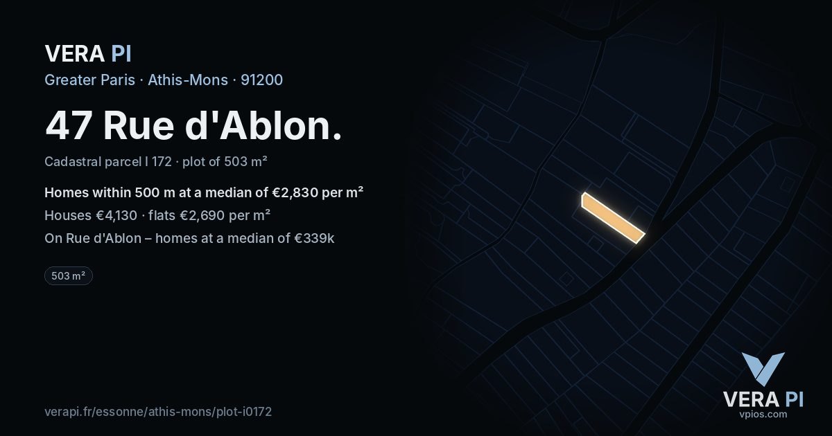 47 Rue d'Ablon, Athis-Mons at night – the plot lit, the parcels around coloured by the prices near them