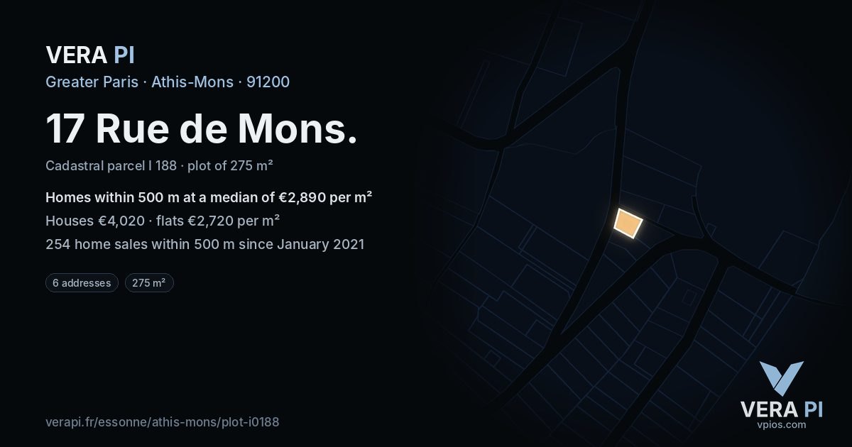17 Rue de Mons, Athis-Mons at night – the plot lit, the parcels around coloured by the prices near them