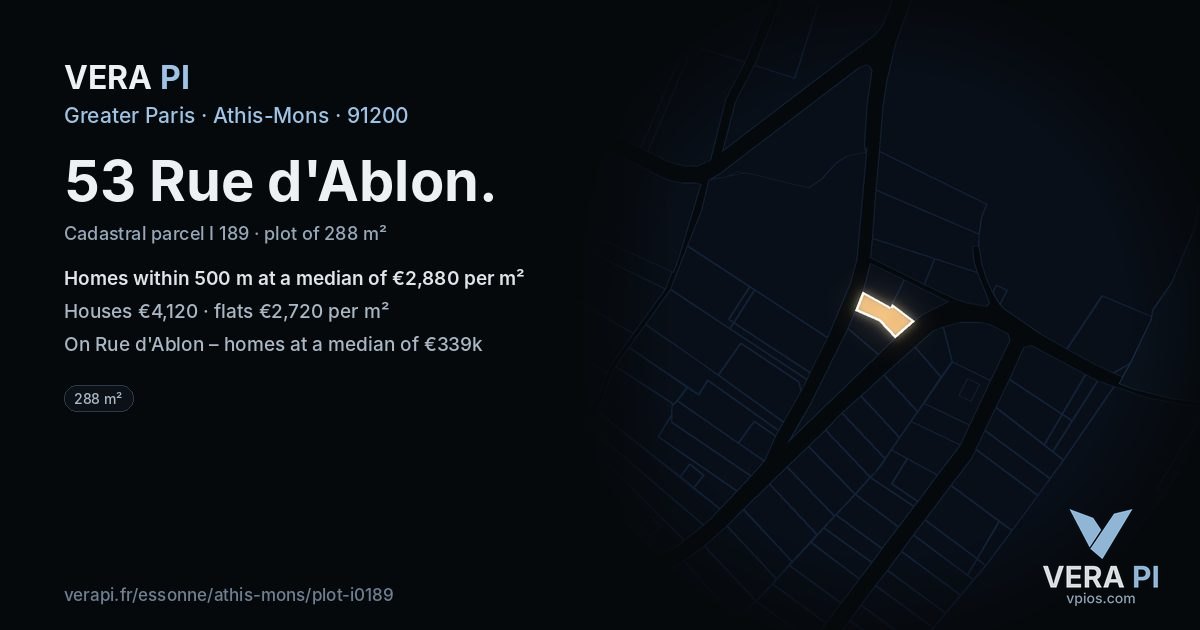 53 Rue d'Ablon, Athis-Mons at night – the plot lit, the parcels around coloured by the prices near them