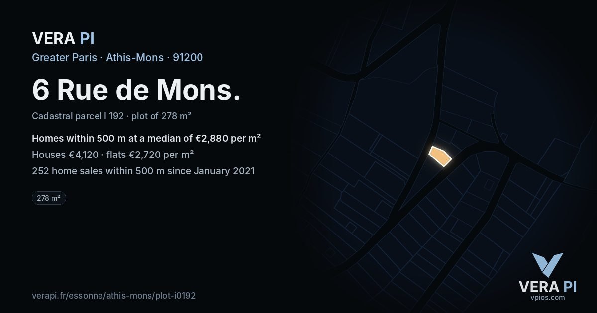 6 Rue de Mons, Athis-Mons at night – the plot lit, the parcels around coloured by the prices near them