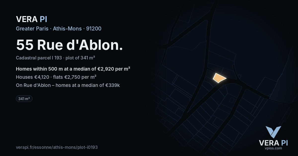 55 Rue d'Ablon, Athis-Mons at night – the plot lit, the parcels around coloured by the prices near them