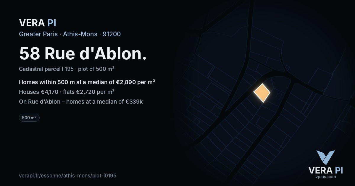 58 Rue d'Ablon, Athis-Mons at night – the plot lit, the parcels around coloured by the prices near them