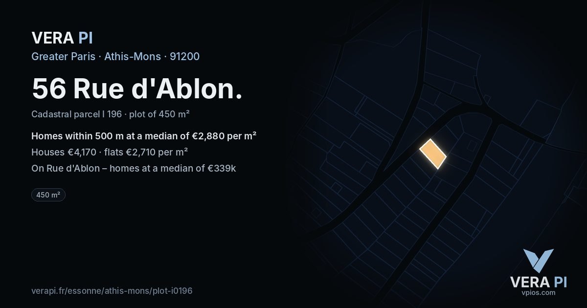 56 Rue d'Ablon, Athis-Mons at night – the plot lit, the parcels around coloured by the prices near them