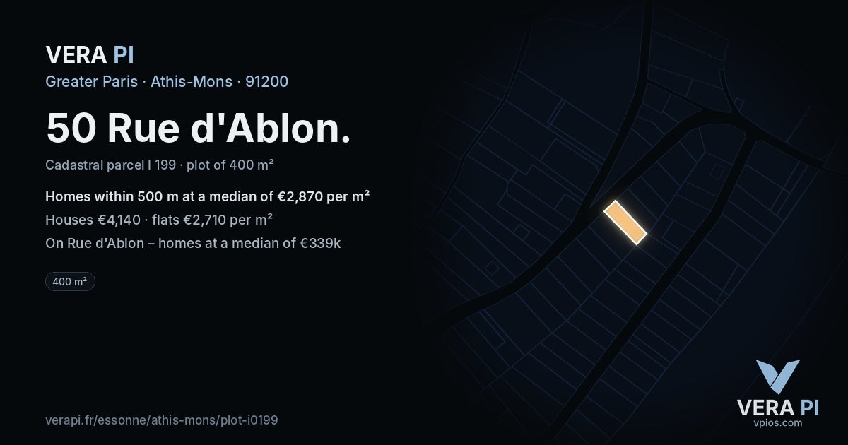 50 Rue d'Ablon, Athis-Mons at night – the plot lit, the parcels around coloured by the prices near them