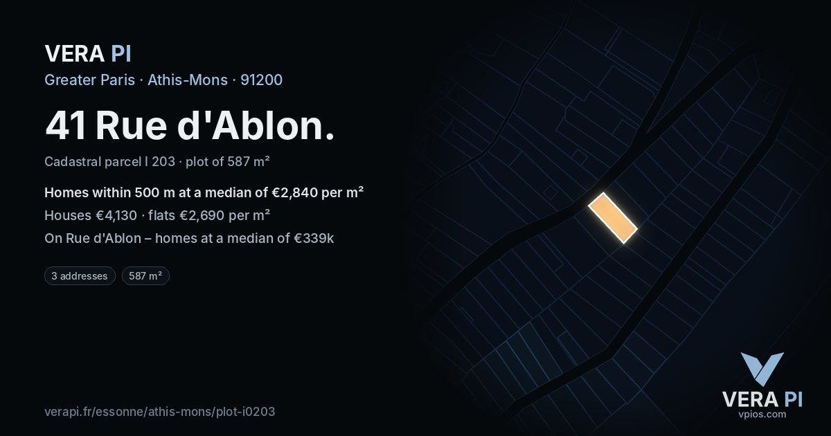 41 Rue d'Ablon, Athis-Mons at night – the plot lit, the parcels around coloured by the prices near them