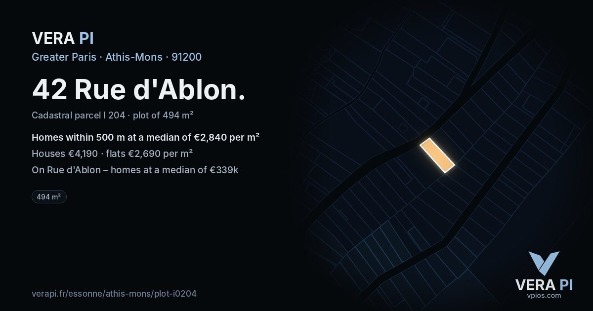 42 Rue d'Ablon, Athis-Mons at night – the plot lit, the parcels around coloured by the prices near them
