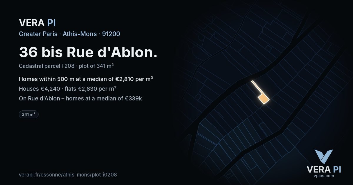 36 bis Rue d'Ablon, Athis-Mons at night – the plot lit, the parcels around coloured by the prices near them