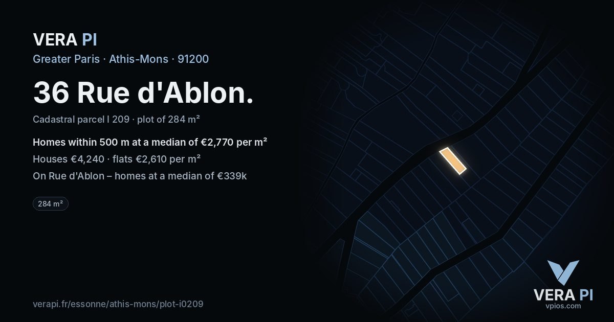 36 Rue d'Ablon, Athis-Mons at night – the plot lit, the parcels around coloured by the prices near them