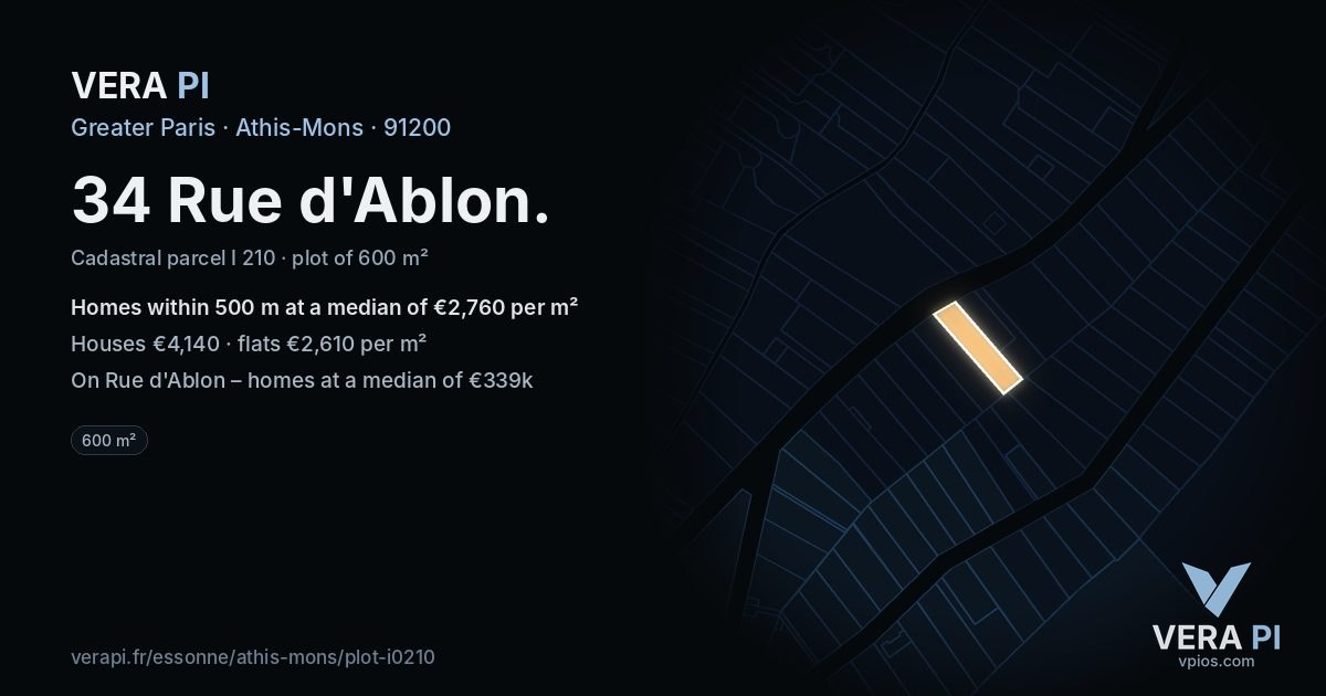 34 Rue d'Ablon, Athis-Mons at night – the plot lit, the parcels around coloured by the prices near them