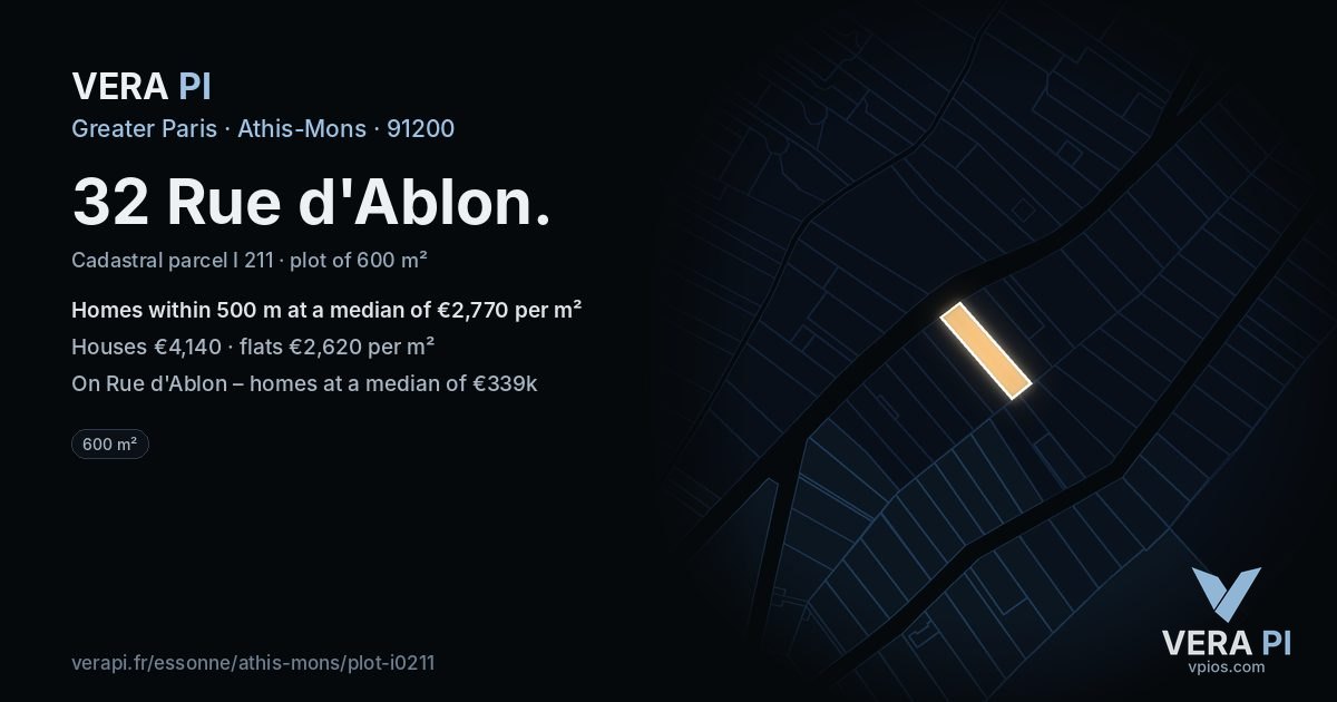 32 Rue d'Ablon, Athis-Mons at night – the plot lit, the parcels around coloured by the prices near them