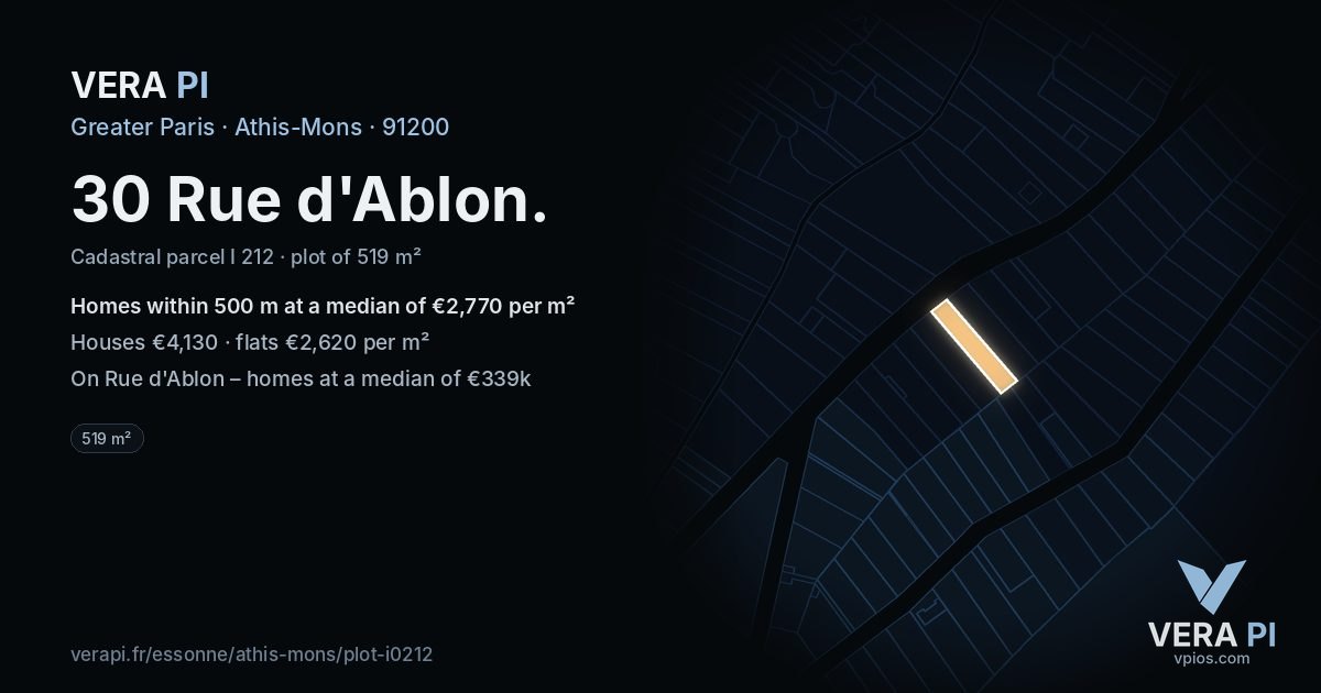 30 Rue d'Ablon, Athis-Mons at night – the plot lit, the parcels around coloured by the prices near them