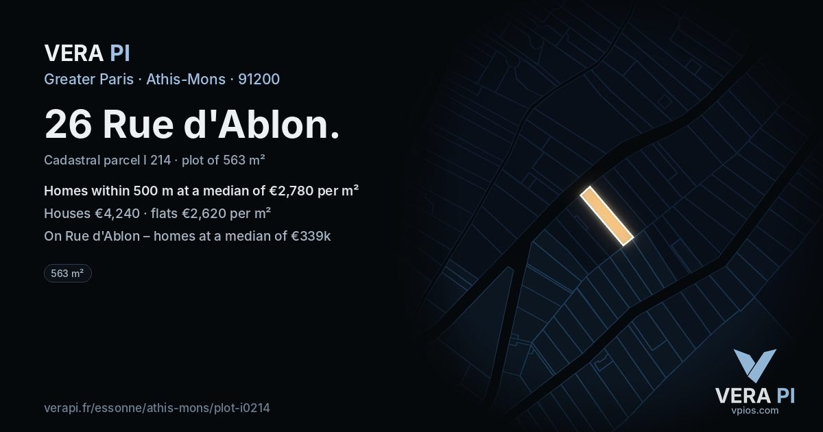 26 Rue d'Ablon, Athis-Mons at night – the plot lit, the parcels around coloured by the prices near them