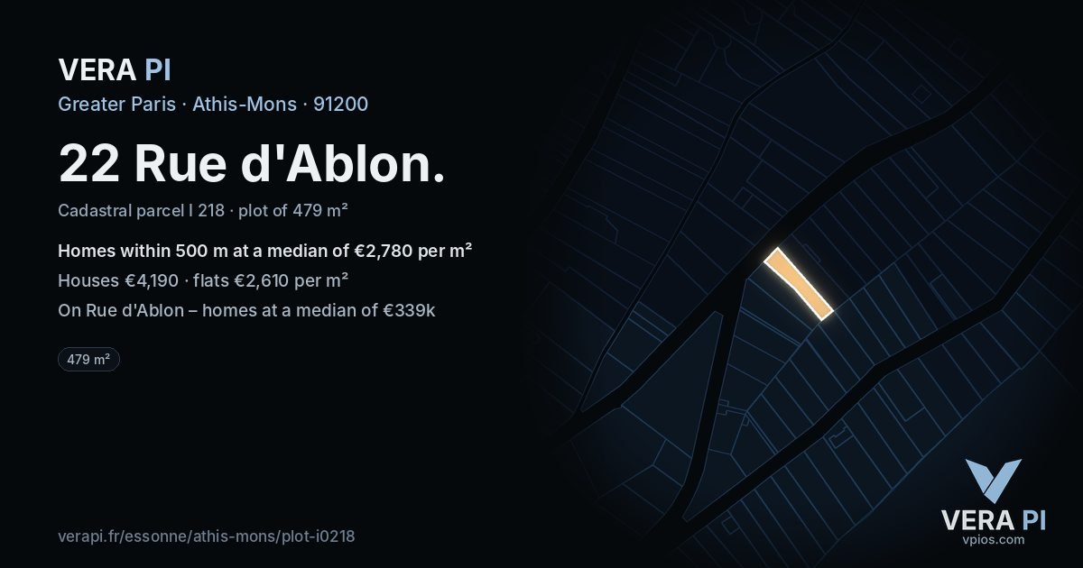 22 Rue d'Ablon, Athis-Mons at night – the plot lit, the parcels around coloured by the prices near them