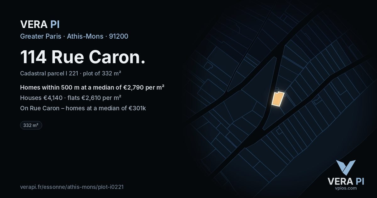 114 Rue Caron, Athis-Mons at night – the plot lit, the parcels around coloured by the prices near them