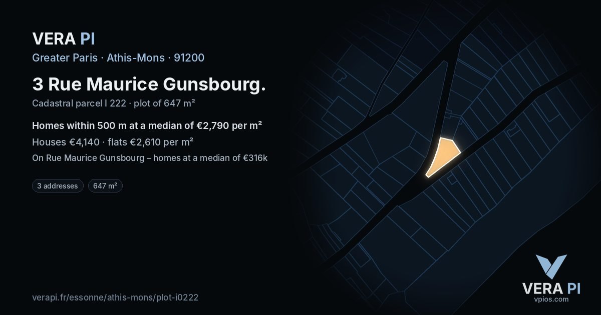 3 Rue Maurice Gunsbourg, Athis-Mons at night – the plot lit, the parcels around coloured by the prices near them