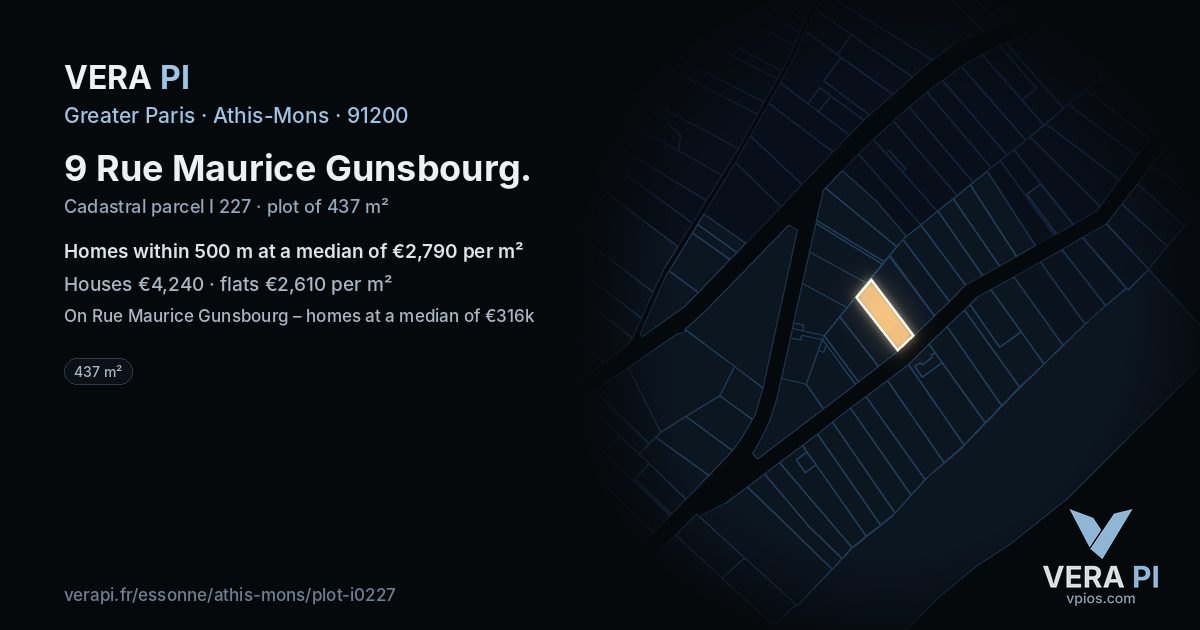 9 Rue Maurice Gunsbourg, Athis-Mons at night – the plot lit, the parcels around coloured by the prices near them