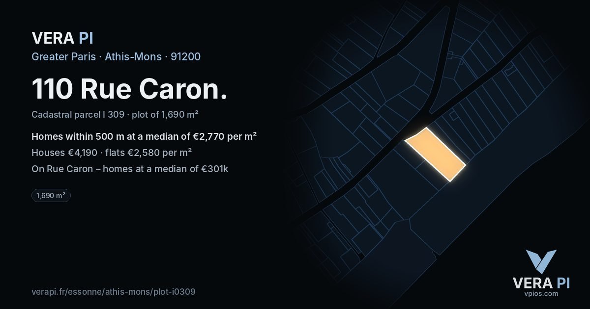 110 Rue Caron, Athis-Mons at night – the plot lit, the parcels around coloured by the prices near them
