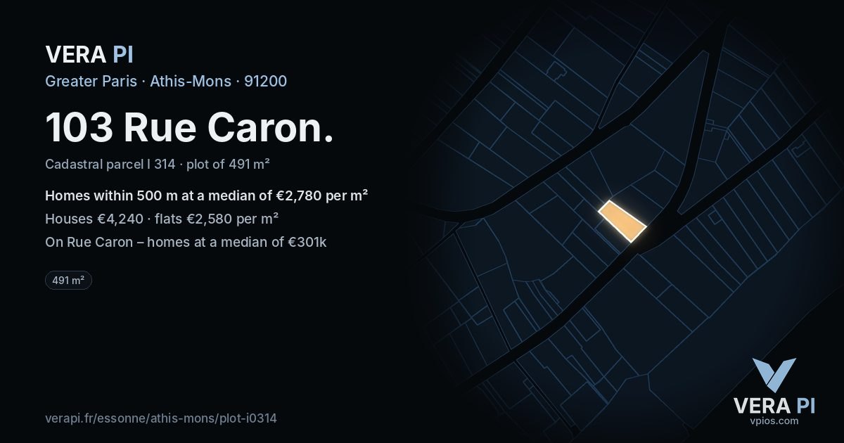 103 Rue Caron, Athis-Mons at night – the plot lit, the parcels around coloured by the prices near them