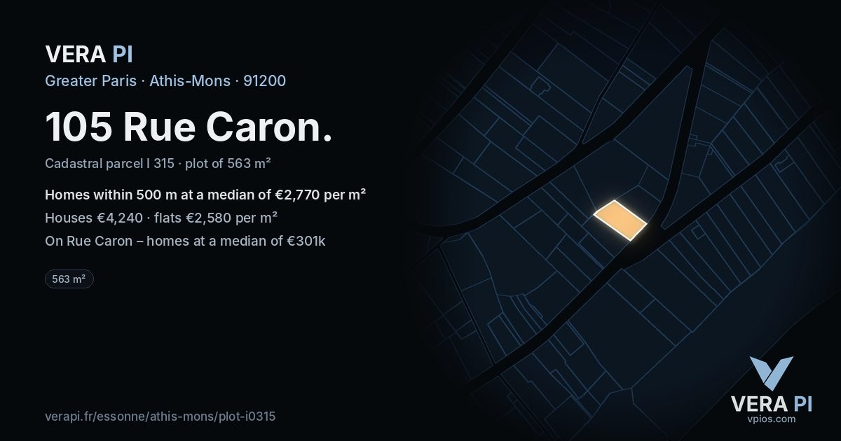 105 Rue Caron, Athis-Mons at night – the plot lit, the parcels around coloured by the prices near them