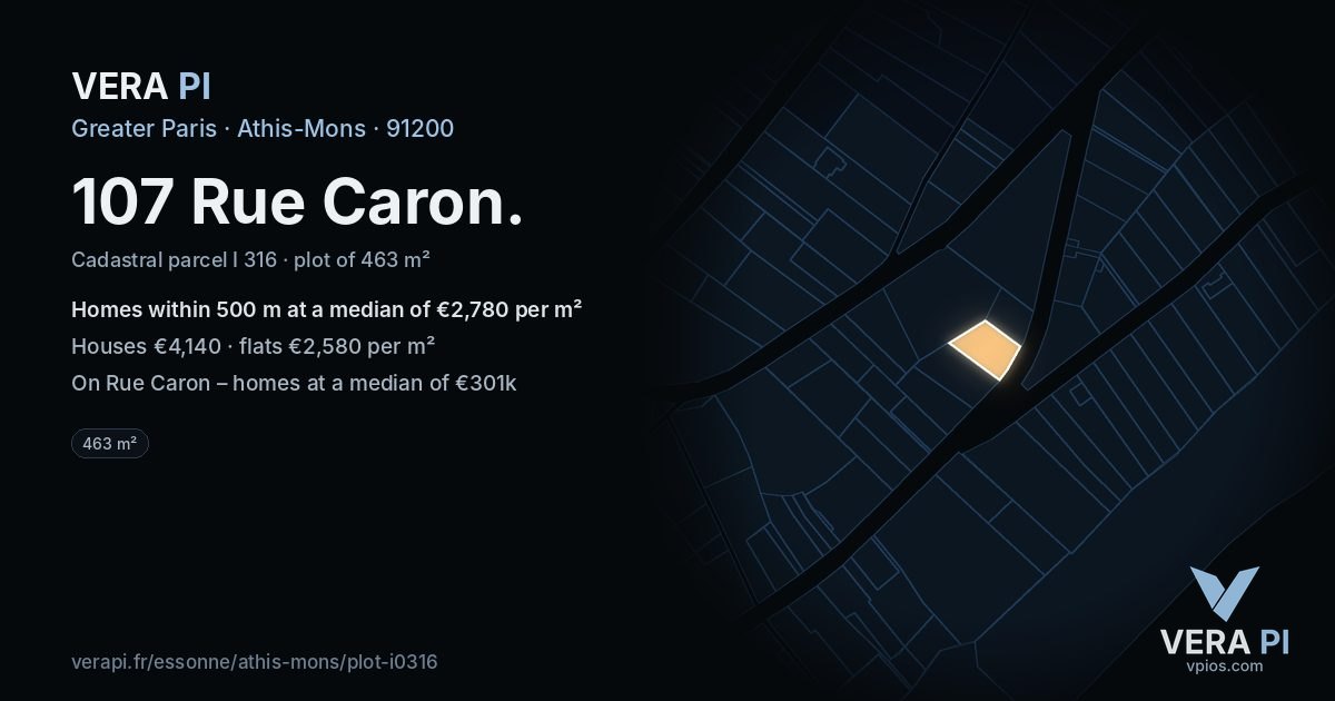 107 Rue Caron, Athis-Mons at night – the plot lit, the parcels around coloured by the prices near them