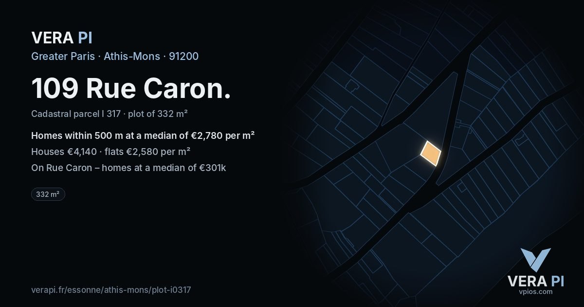 109 Rue Caron, Athis-Mons at night – the plot lit, the parcels around coloured by the prices near them