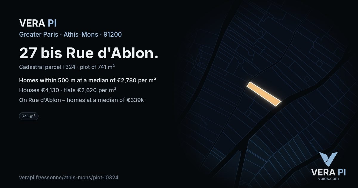 27 bis Rue d'Ablon, Athis-Mons at night – the plot lit, the parcels around coloured by the prices near them