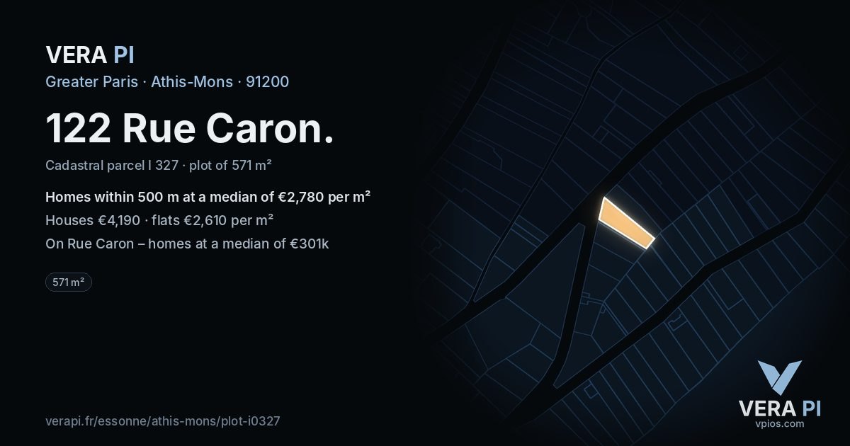122 Rue Caron, Athis-Mons at night – the plot lit, the parcels around coloured by the prices near them