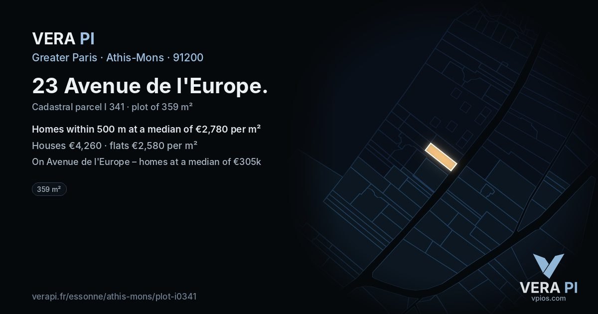 23 Avenue de l'Europe, Athis-Mons at night – the plot lit, the parcels around coloured by the prices near them