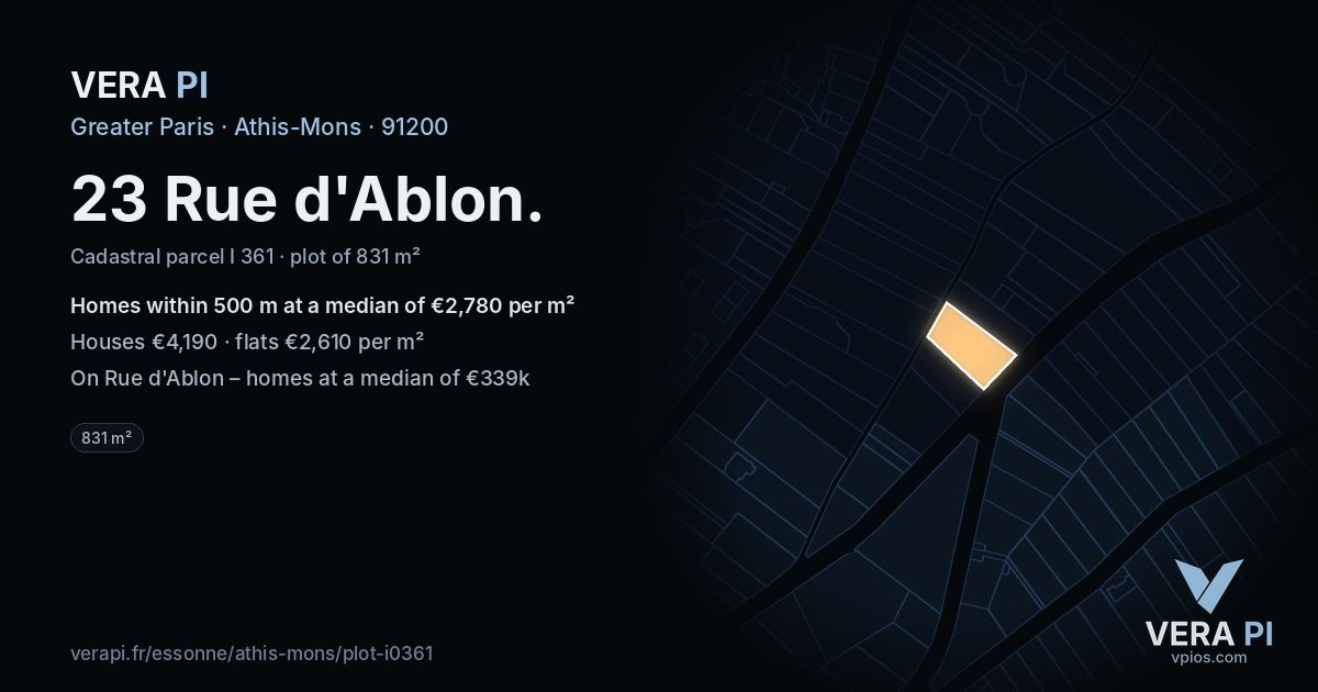 23 Rue d'Ablon, Athis-Mons at night – the plot lit, the parcels around coloured by the prices near them