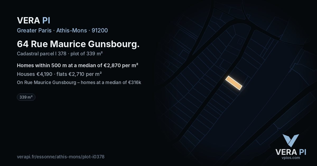64 Rue Maurice Gunsbourg, Athis-Mons at night – the plot lit, the parcels around coloured by the prices near them