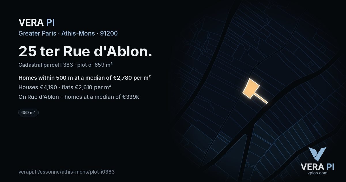 25 ter Rue d'Ablon, Athis-Mons at night – the plot lit, the parcels around coloured by the prices near them