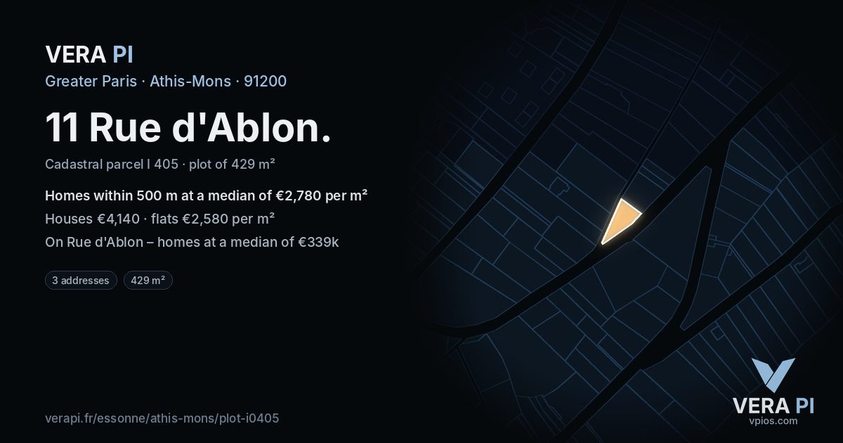 11 Rue d'Ablon, Athis-Mons at night – the plot lit, the parcels around coloured by the prices near them