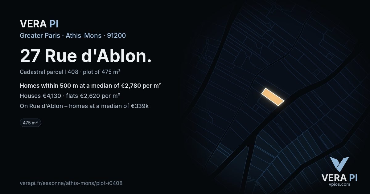 27 Rue d'Ablon, Athis-Mons at night – the plot lit, the parcels around coloured by the prices near them