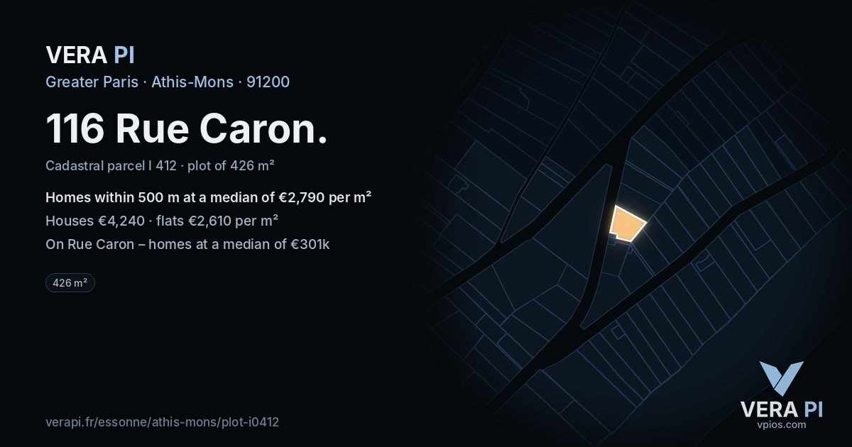 116 Rue Caron, Athis-Mons at night – the plot lit, the parcels around coloured by the prices near them