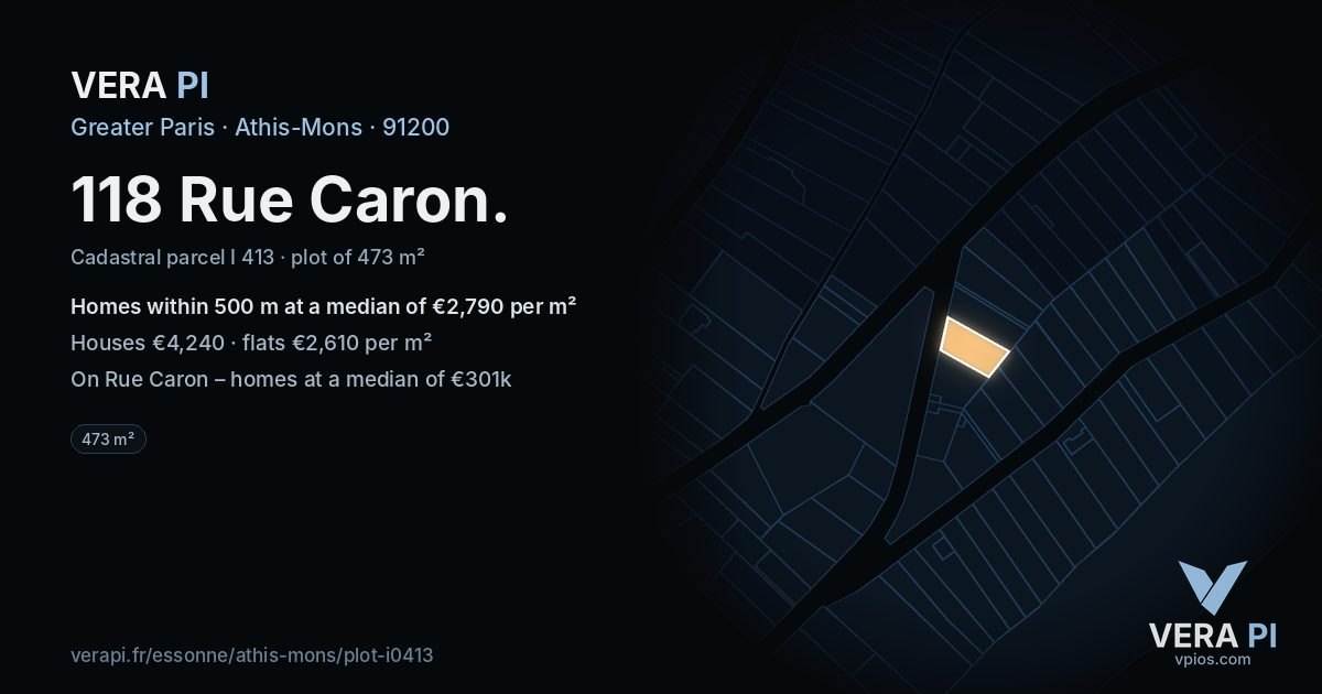 118 Rue Caron, Athis-Mons at night – the plot lit, the parcels around coloured by the prices near them